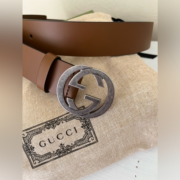 NEW GUCCI 546389 INTERLOCKING LEATHER BELT BROWN - SIZE 90/36 $550 - Picture 4 of 7